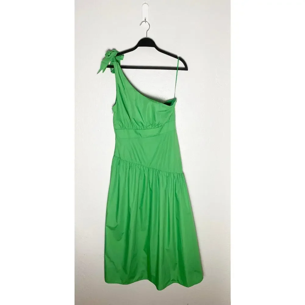 Lalavon Women's Green One Shoulder Tie Dress Midi Tiered Summer Vacation Flowy L